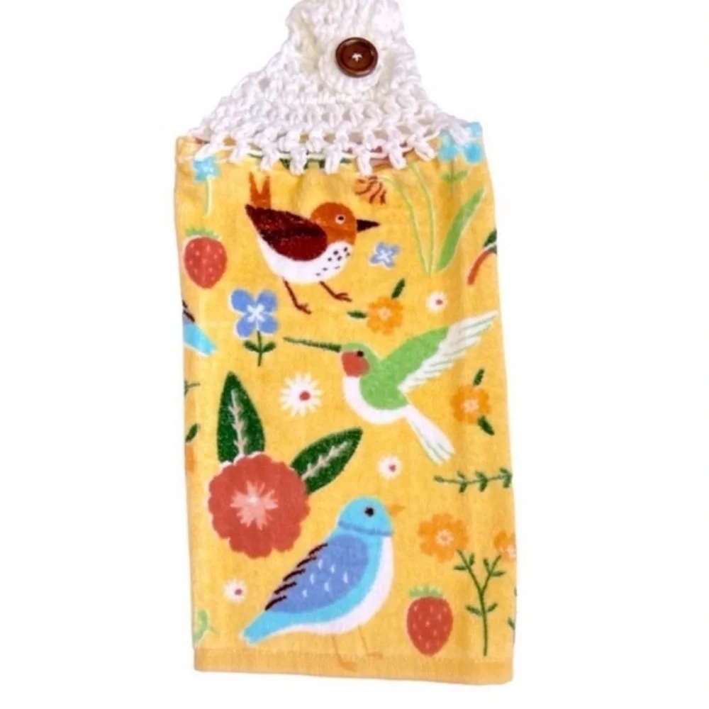 Hand Crafted Colorful Birds and Butterfly Print Hanging Hand Towels Crochet Top